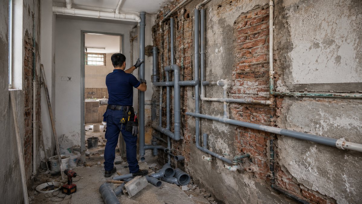 Juruteknik menjalankan kerja perpaipan semula