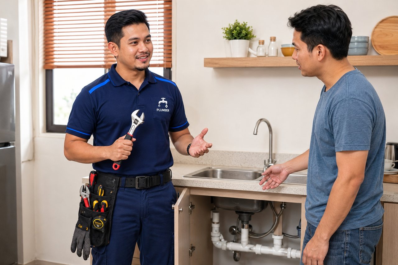Juruteknik paip menerangkan masalah sinki kepada pelanggan